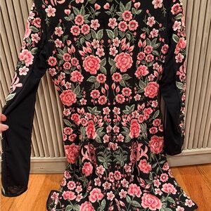 Needle & Thread Black Dress with Pink Floral Embroidery